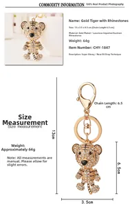 Détails du porte-clés tigre en cristal plaqué or, dimensions de 13x6,5 cm, luxe