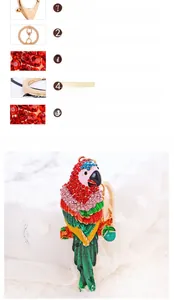 Détail d'un porte-clés perroquet coloré orné de strass multicolores et d'un alliage doré
