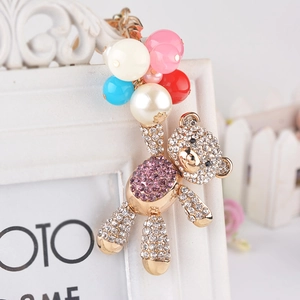 Exquisite rhinestone teddy bear keychain with colorful pearl balloon charm in gold finish