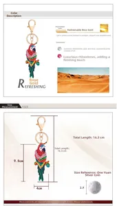 Mesures détaillées du porte-clés perroquet en or rose orné de strass colorés et dimensions