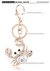 Detail of golden crab keychain with crystal rhinestones and large heart-shaped stone