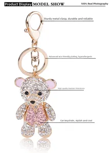Detail of bear keychain with gold plating and sparkling pink and white crystals