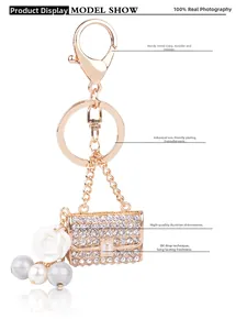 Close-up of luxury handbag keychain with rhinestones, resin rose and pearls