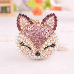 Porte-clés Tête de Renard de Dessin Animé Strass Fausse Künstliche Perle Pendentif de Sac Animal Charme de Voiture Accessoires Cadeau Femme