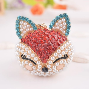 Porte-clés voiture renard mignon avec cristaux rouges et perles d'imitation blanches