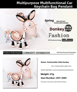 Detailed macro view of the rose gold donkey keychain with inlaid white opal and rhinestones