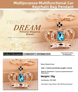 Detailed close-up of fashion crown keychain with blue drop gem and rhinestones