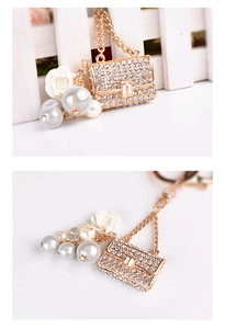Detail of handbag keychain with crystal rhinestones, pearls and a small resin rose charm