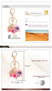 Pink rhinestone triceratops keychain showing dimensions 10.7cm length in rose gold plating