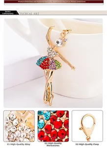 Détail du pendentif danseuse avec strass colorés et fermoir mousqueton en alliage doré