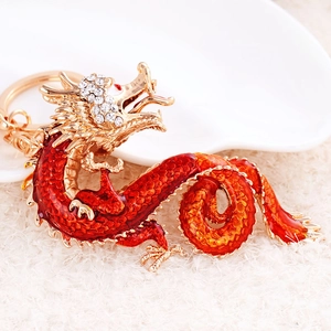 Chinese Zodiac Dragon Keychain Zinc Alloy Enamel Rhinestone Bag Pendant Lucky Charm Traditional Ornate Key Ring Gift