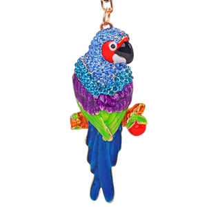 Porte-clés perroquet exquis avec strass colorés et émail sur anneau en alliage doré