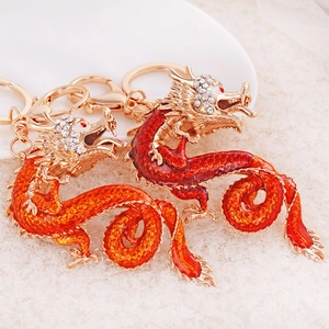 Creative Chinese dragon keychain with red enamel finish and sparkling crystal accents