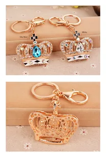 Detail of crystal crown keychain showing honeycomb metal back and teardrop rhinestones