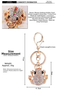 Detailed view of golden money toad keychain with rhinestones and precise dimensions