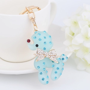 Light blue resin crystal poodle keychain with sparkling rhinestones and gold metal ring
