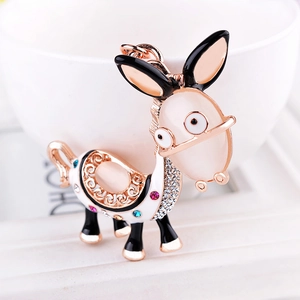 Cartoon Donkey Metal Keychain with Cat's Eye Stone Rhinestone Enamel Cute Mule Animal Car Key Ring Bag Pendant Gift for Women