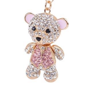 Creative teddy bear keychain in gold metal with pink and white rhinestones and link chain