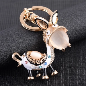 Cute golden donkey keychain with opal stone and colorful rhinestones for bags