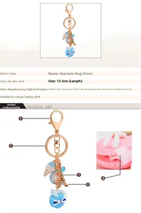 Detail view of sky blue macaron keychain with Eiffel Tower and rhinestone charms