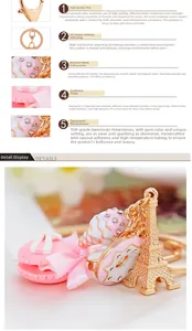 Detailed views of pink macaron keychain with Eiffel Tower charm and crystal accents