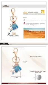 Detail of goldfish keychain with rose gold plating, blue rhinestones, and size dimensions