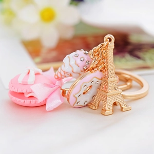 Romantic French Eiffel Tower Macaron Keychain Sweet Ribbon Bow Resin Cake Rhinestone Donut Bag Charm For Women Girls Gift