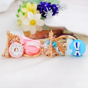 Sweet macaron and Eiffel Tower resin keychain set with elegant silk bow and rhinestones