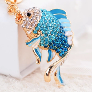 Exquisite gold goldfish keychain with blue rhinestones and enamel details for handbags