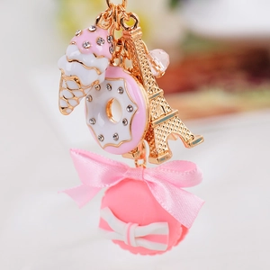 Sweet macaron and Eiffel Tower pendant keychain with pink ribbon and rhinestones
