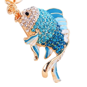 Creative goldfish keychain with sparkling blue rhinestones and gold-plated finish
