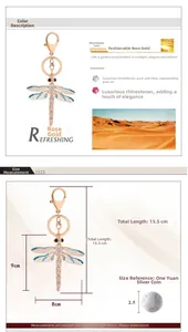 Detailed view of dragonfly keychain with blue rhinestones and rose gold plating