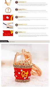 Detail of rose gold lucky bucket keychain featuring red crystals and gold ingots