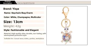Detailed view of turtle keychain features colorful rhinestones and gold alloy lobster clasp