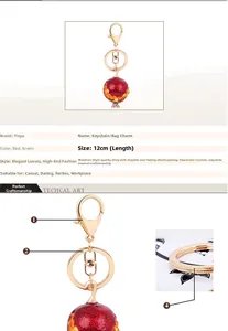 Detail view of sparkling red enamel pomegranate keychain with golden alloy lobster clasp