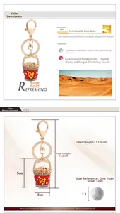 Detailed size specifications for the rose gold rhinestone lucky bucket keychain charm
