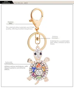 Macro shot of vibrant multi-colored rhinestones on a gold turtle keyring pendant