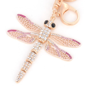 Creative dragonfly keychain with pink and white rhinestones on gold alloy base