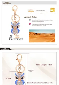 Dettaglio portachiavi a forma di gufo oro rosa con cristalli blu e strass lucenti