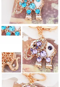 Détails d'un porte-clés éléphant doré orné de cristaux brillants et d'émail blanc
