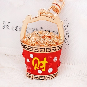 Chinese Traditional Lucky Treasure Basin Keychain Inlaid Rhinestone Zinc Alloy Fortune Gold Ingot Bag Pendant Key Ring Gift