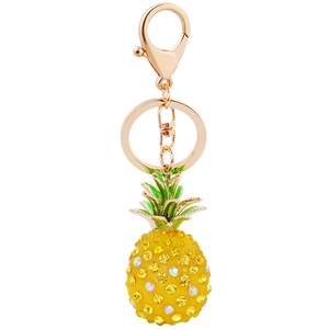 Creative yellow resin pineapple keychain with sparkling rhinestones and green metal leaves