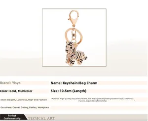 Détail du porte-clés tigre 3D avec strass colorés et fermoir mousqueton doré