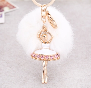Detailed close-up of a golden ballerina keychain with a fluffy white faux fur pompom ball