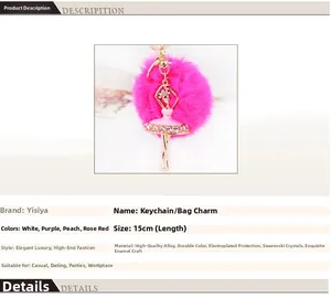 Detail showing ballerina pendant with pink enamel and sparkling rhinestones on key ring