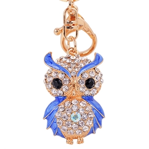 Portachiavi gufo dorato con smalto blu e cristalli lucenti per borse da donna eleganti