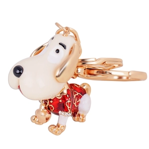 Porte-clés chien mignon en alliage, émail blanc, motifs rouges et strass brillants