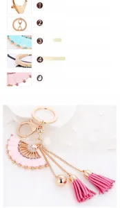 Détail d'un porte-clés en forme d'éventail avec placage or rose, émail et accents de glands