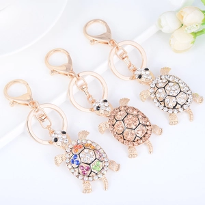 Sparkling rhinestone sea turtle keychain charms in gold alloy with lobster clasp set
