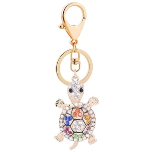 Colorful rhinestone turtle keychain with gold alloy finish and lobster clasp detail